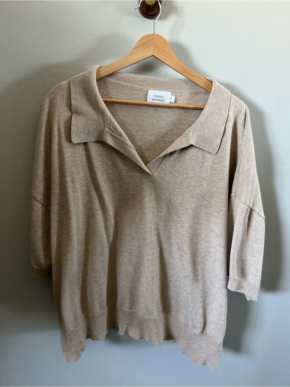 Beige Collared Knit Short Sleeve Shirt - Women's